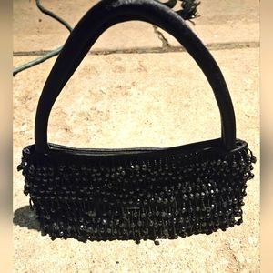 Black Evening Bag Faux Satin & Dangle Beads